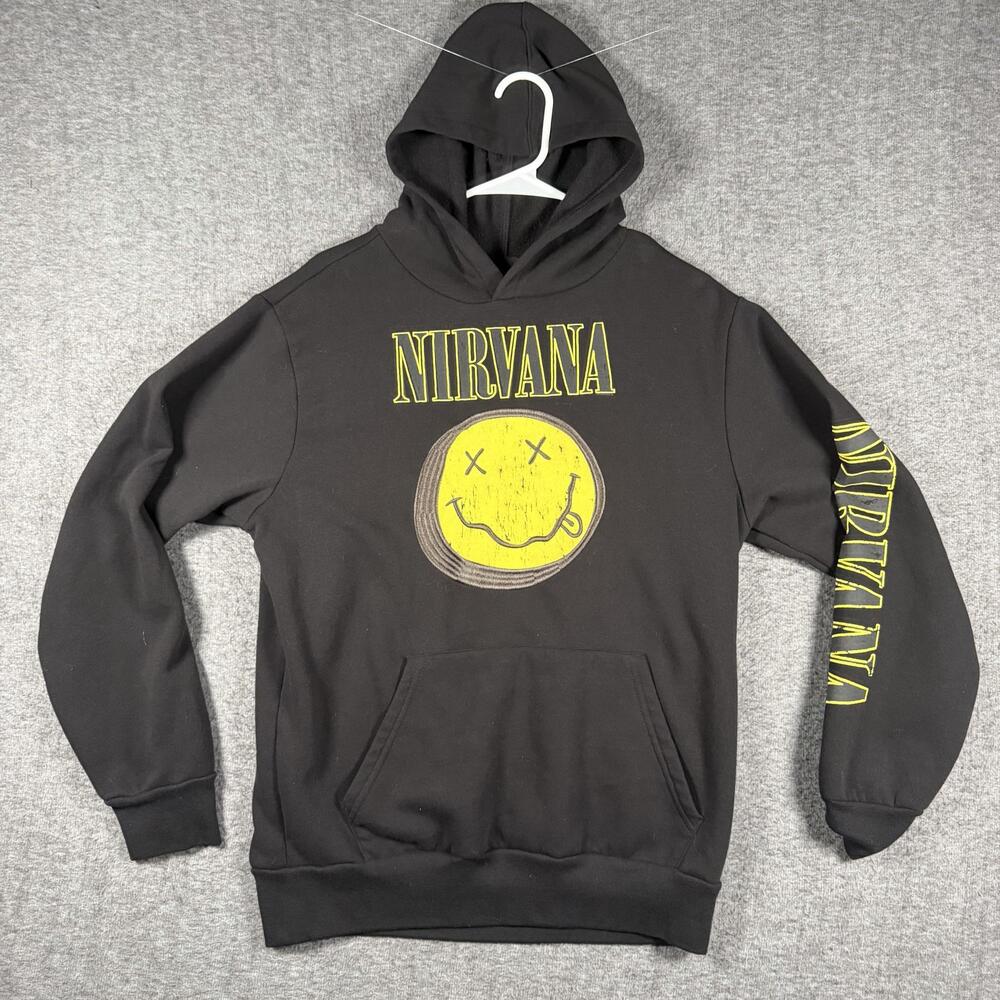 Nirvana Hoodie Mens Medium Black Yellow Smiley Face Sleeve Graphic Pullover Y2K